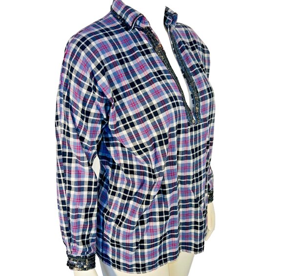Loobies Story Flannel Shirt Womens S Light Blue Black Sequined Deep V-Neck - Picture 3 of 11